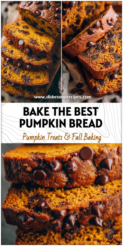 Slices of moist pumpkin chocolate chip bread loaf showing melty chocolate chips and tender texture.